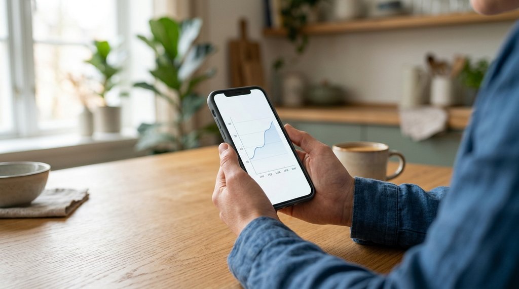 Someone checking a chart on a phone at a kitchen table