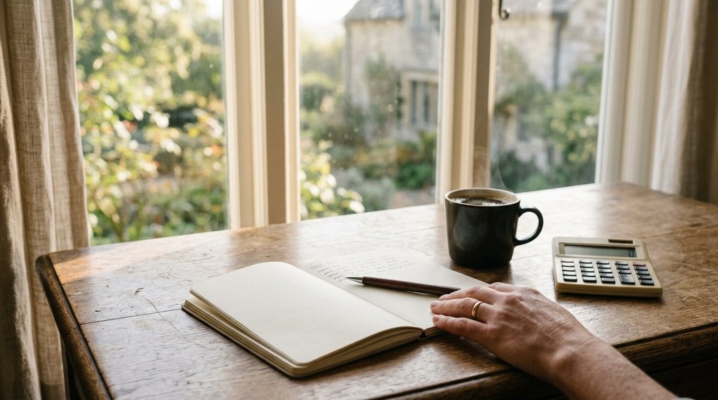 A notebook, pen and calculator on a desk by a window