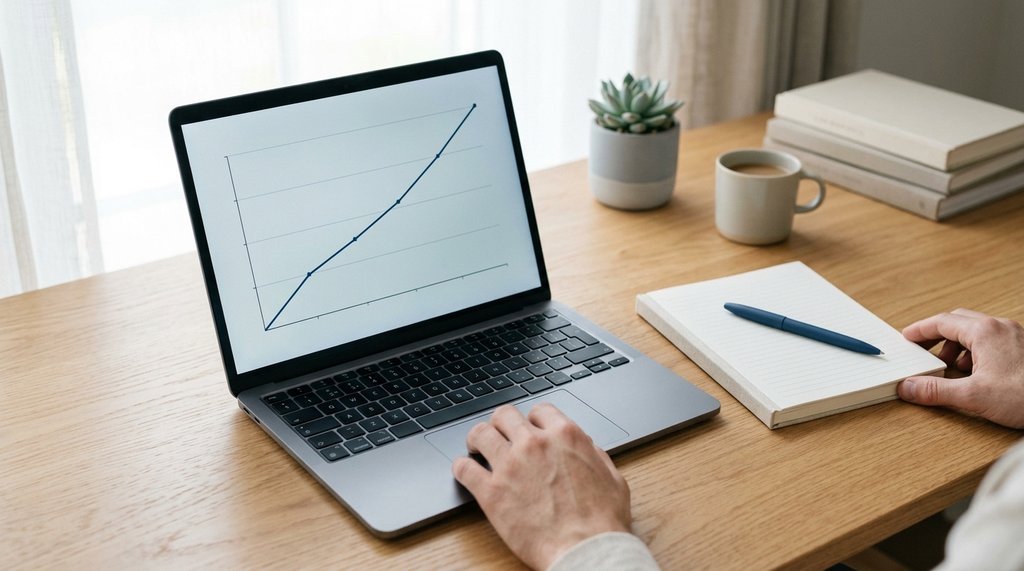 A laptop showing a simple line chart next to a notepad